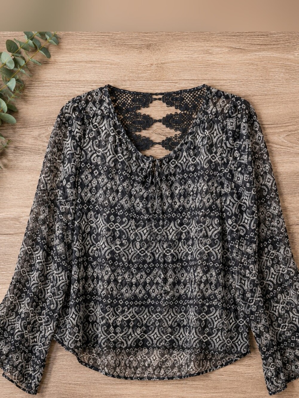 Maurices Sheer Boho Lace Back Blouse Black & Gray Size Large